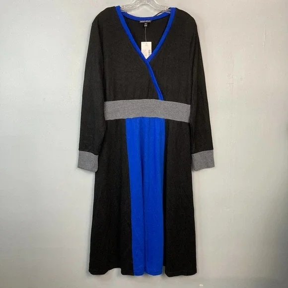Fashion Bug Colorblock Knit Surplice Style Sweater Dress Plus Size 1X Black Blue - Picture 11 of 12